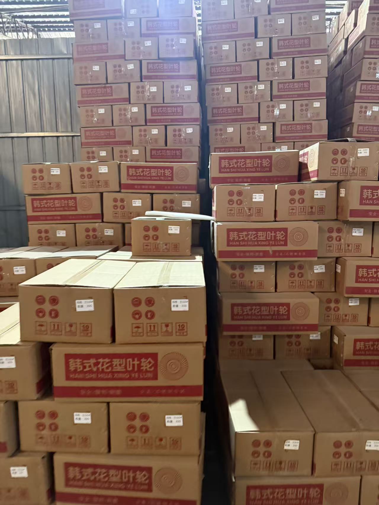 Labeled buffing wheel cartons ready in the warehouse