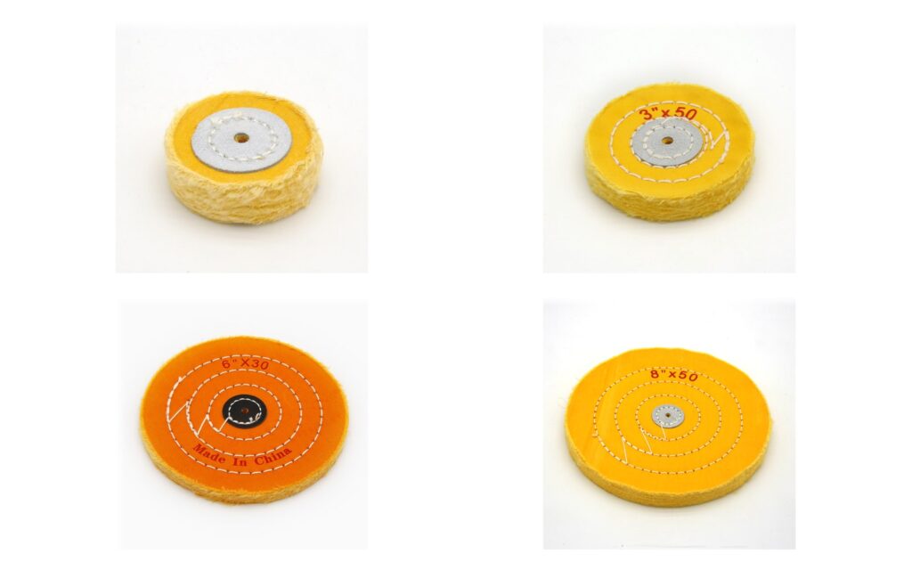 Cotton buffing wheels showing the stamped diameter and ply count on the cloth