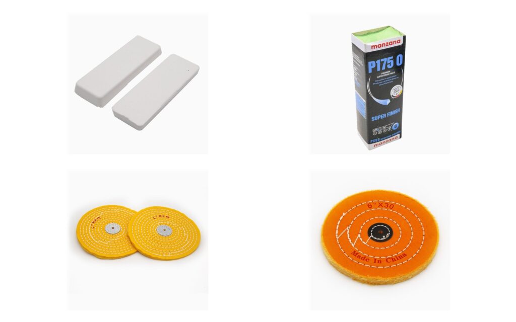 Polishing compound bars and cotton buffing wheels used as a matched cutting and colouring pair