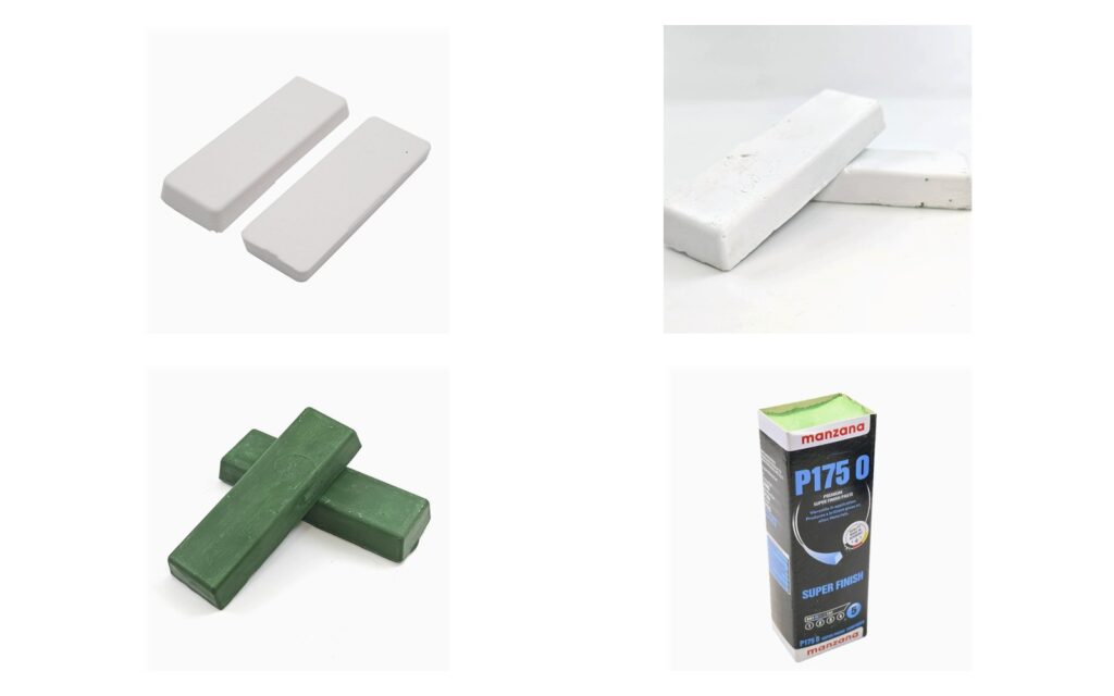 White, green and blue polishing compound bars next to a white cutting bar