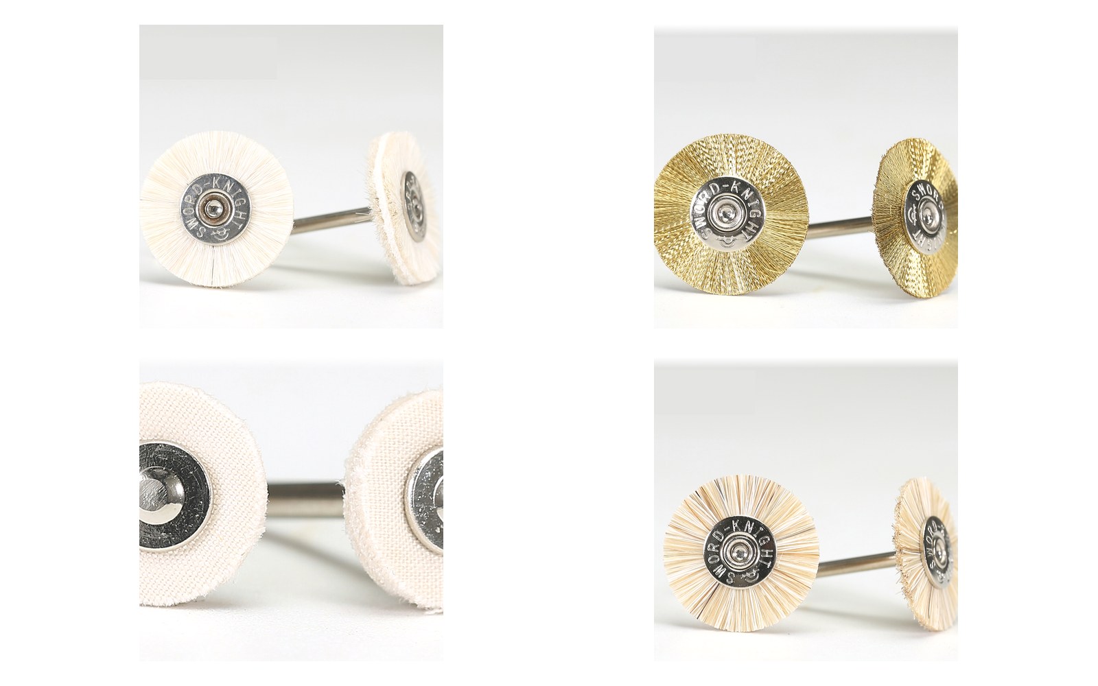 Polishing pen brushes in wool, brass wire, cotton cloth and horse hair on 3mm shanks