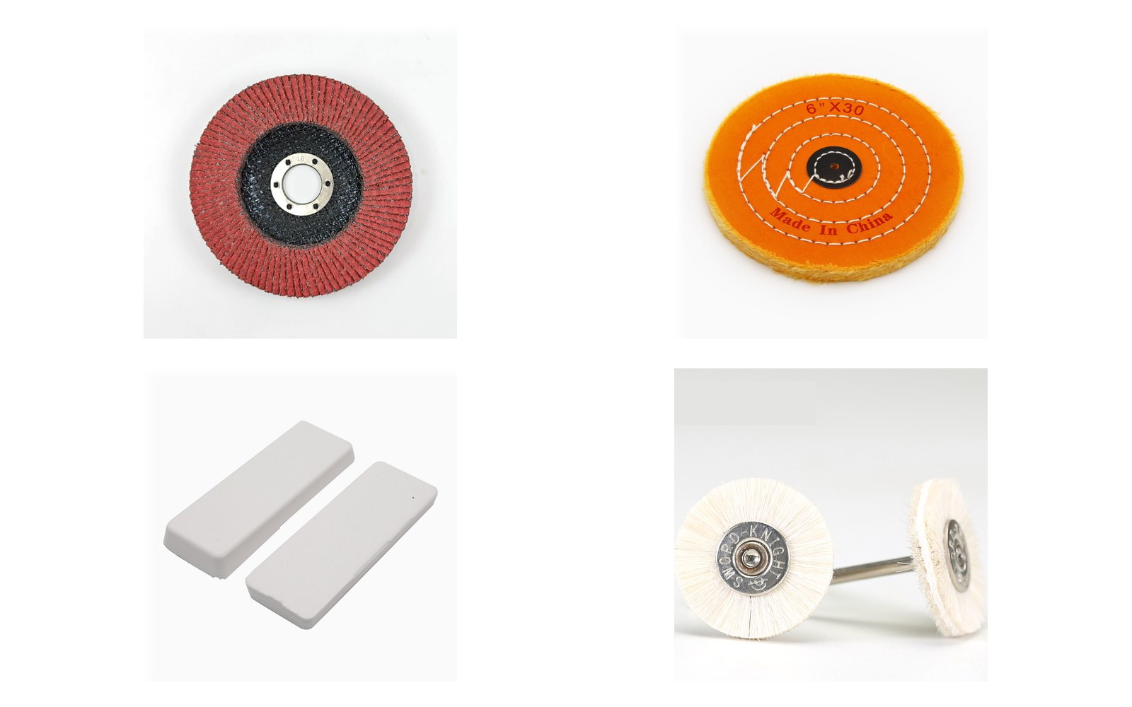 Flap disc, cotton buffing wheel, polishing compound and pen brush from the finishing workflow